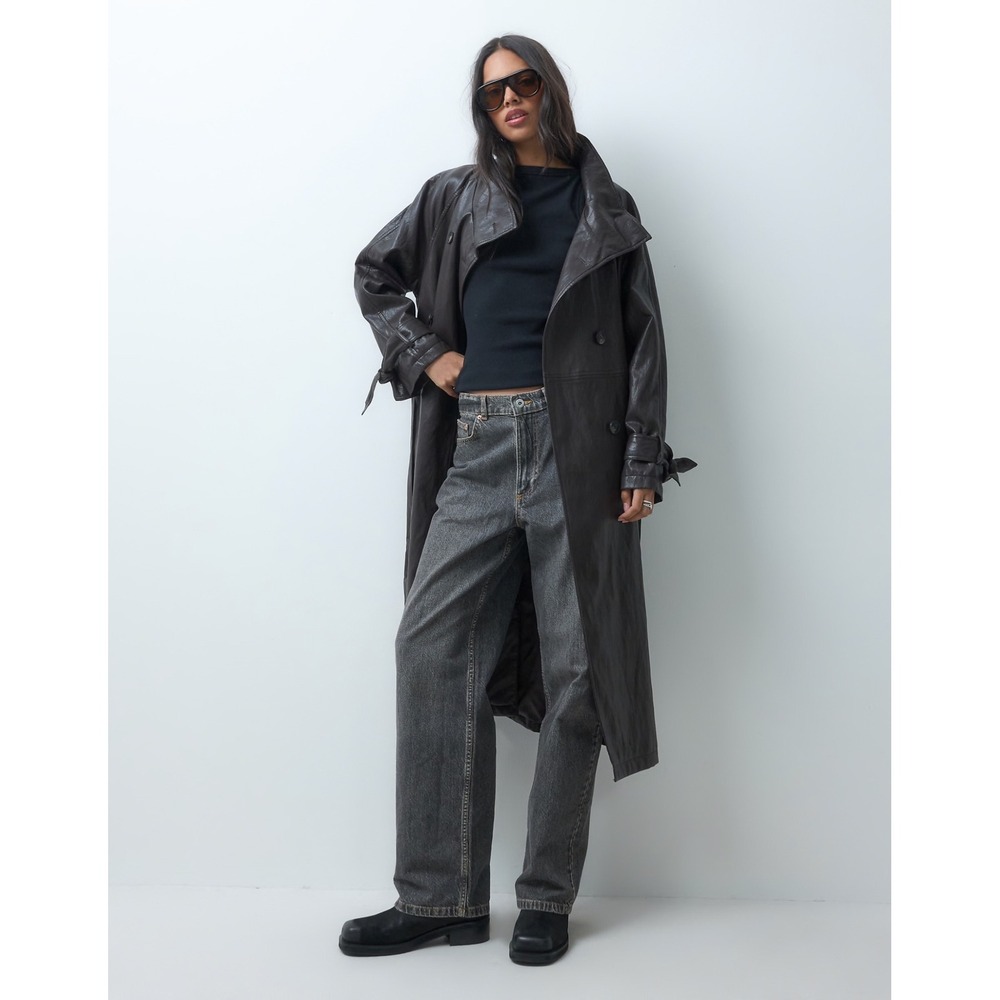 ASOS DESIGN Chocolate Leather Look Funnel Neck Longline Trench Coat Size M NWT